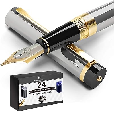 Dryden Designs Fountain Pen Medium Nib, Includes 24 Ink Cartridges - 12 Black and 12 Blue  with Ink Refill Converter, Gift Pouch Classic Writing Tool [Metallic Silver] for Left and Right Handed