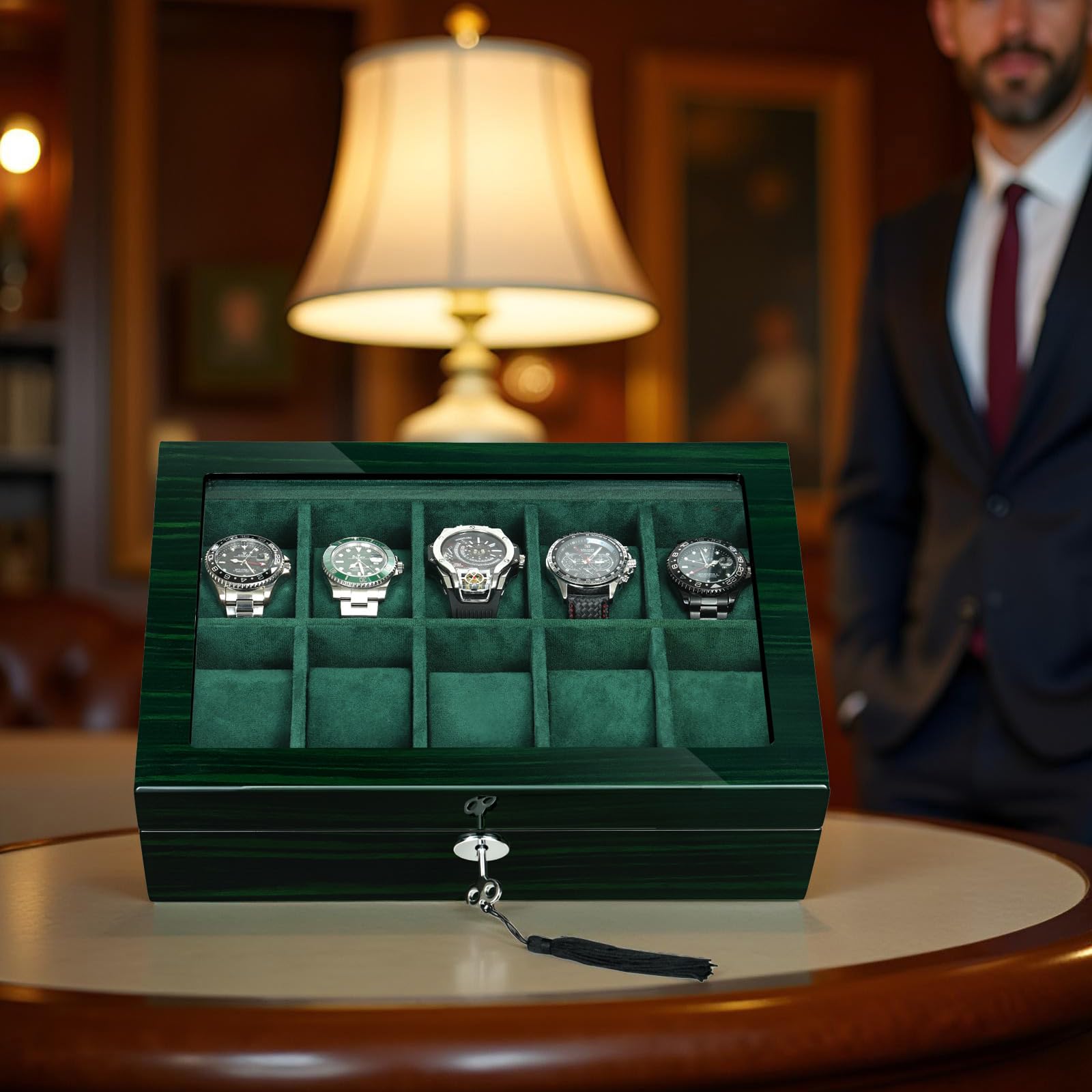 Watch Box for Men 10 Watches Storage Organizer Case, Smart Watch Display, Green Wood with Soft Suede Interior, Large Glass Window, Gift for Women and Man (10W-GR)