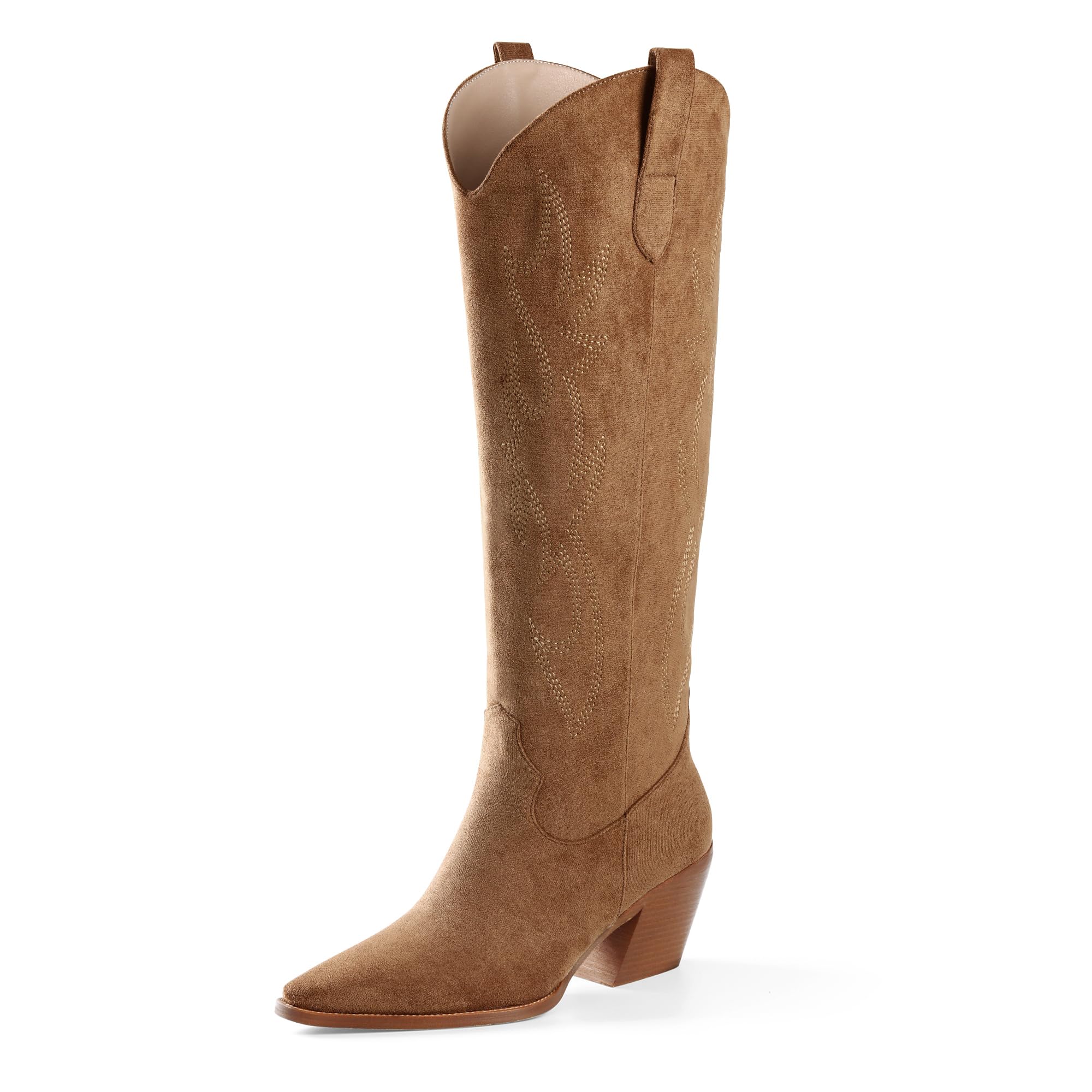 Photo 1 of iiimmu Cowgirl Boots Knee High Pointed Toe and Block Heel Suede Cowboy Boots for Women with Embroidered, Light Brown Size 8.5