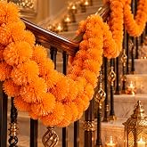5 Pcs 5ft Waterproof Marigold Garland Light Orange Garlands for Decorations Artificial Marigold Hanging Garland for Diwali Decorations Indian Festival Diwali Home Decor,Day of The Dead Decor