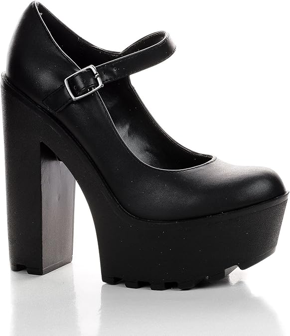 Amazon.com | Almond Toe Lug Sole Chunky Heel Mary Janes, Color:BlackPu, Size:8.5 | Pumps