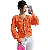 FOTKLAX Women's Cropped Bow Chunky Knit Cardigan Sweaters Open Front Cozy Long Sleeve Button Up Cardigans for Winter