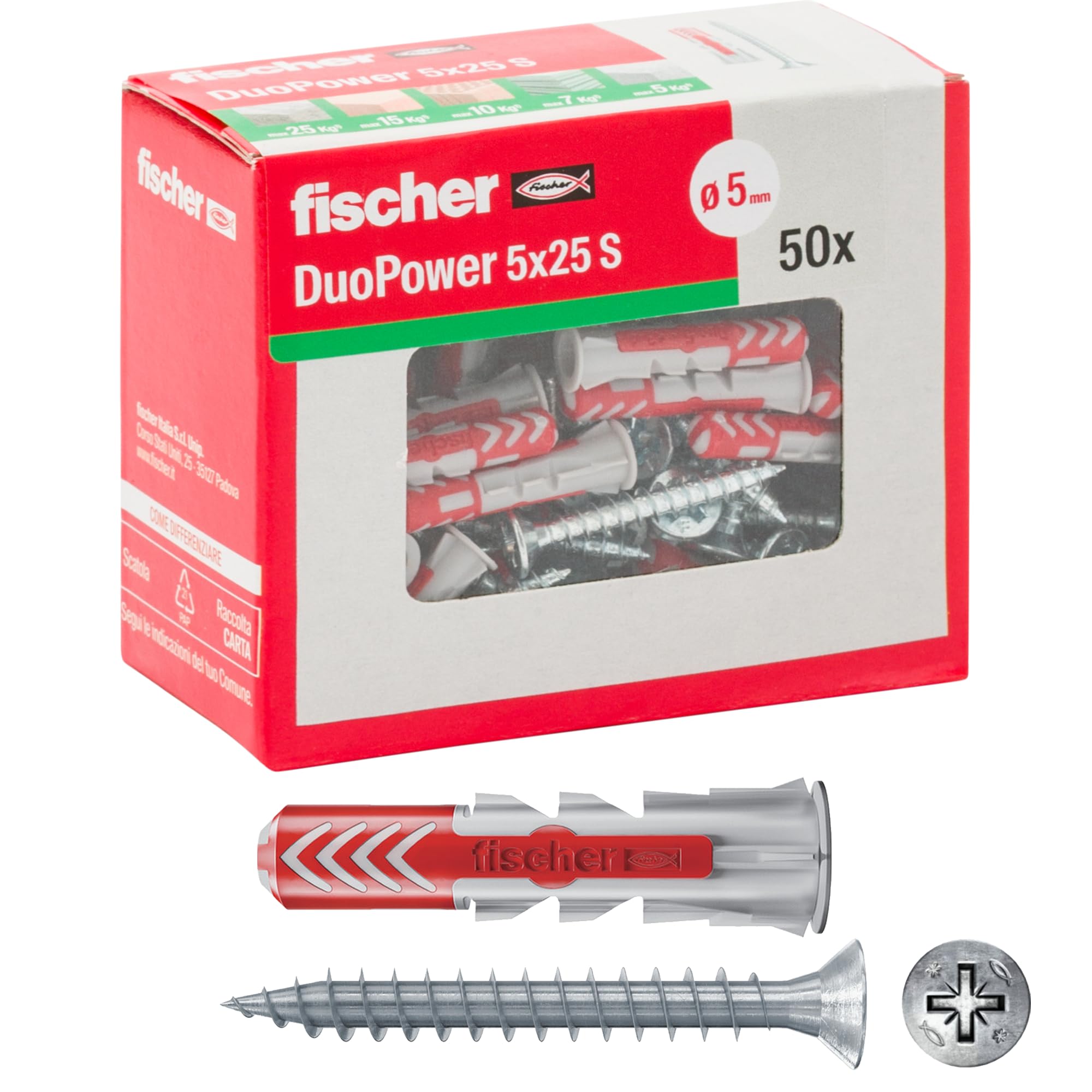 Fischer 544015 5 Y Duopower Dowels with Screw for Full, Perforated and Plasterboard, Grey, 5 x 25 mm, Set of 50 Pieces