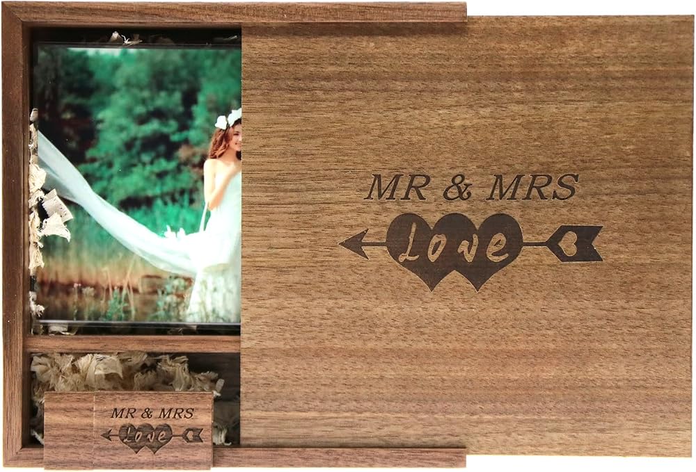 LXSINO 64GB Walnut Wood USB 3.0 Flash Drive Mr & Mrs Box Wedding Photo Gift