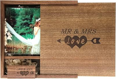 LXSINO 64GB Walnut Wood USB 3.0 Flash Drive Mr & Mrs Box Wedding Photo Gift