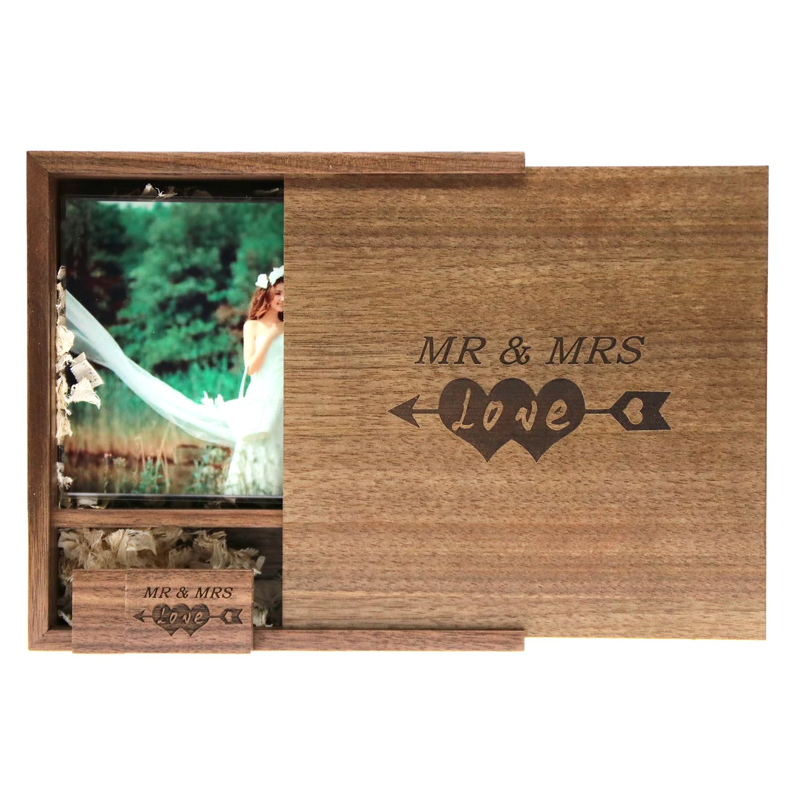 LXSINO 64GB Wood USB 3.0 Flash Drive with Laser Engraved Mr & Mrs Design – 64GB USB Stick with Box for Wedding Photography/Anniversary (Walnut, fits 4x6 Photo)