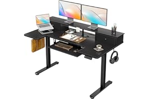 OffiGo U Shaped Electric Standing Desk with Drawers, 55 Inch Height Adjustable Desk with Keyboard Tray ＆ Ergonomic Monitor Stand, Sit Stand Table with Power Outlets for Home, Office, Black