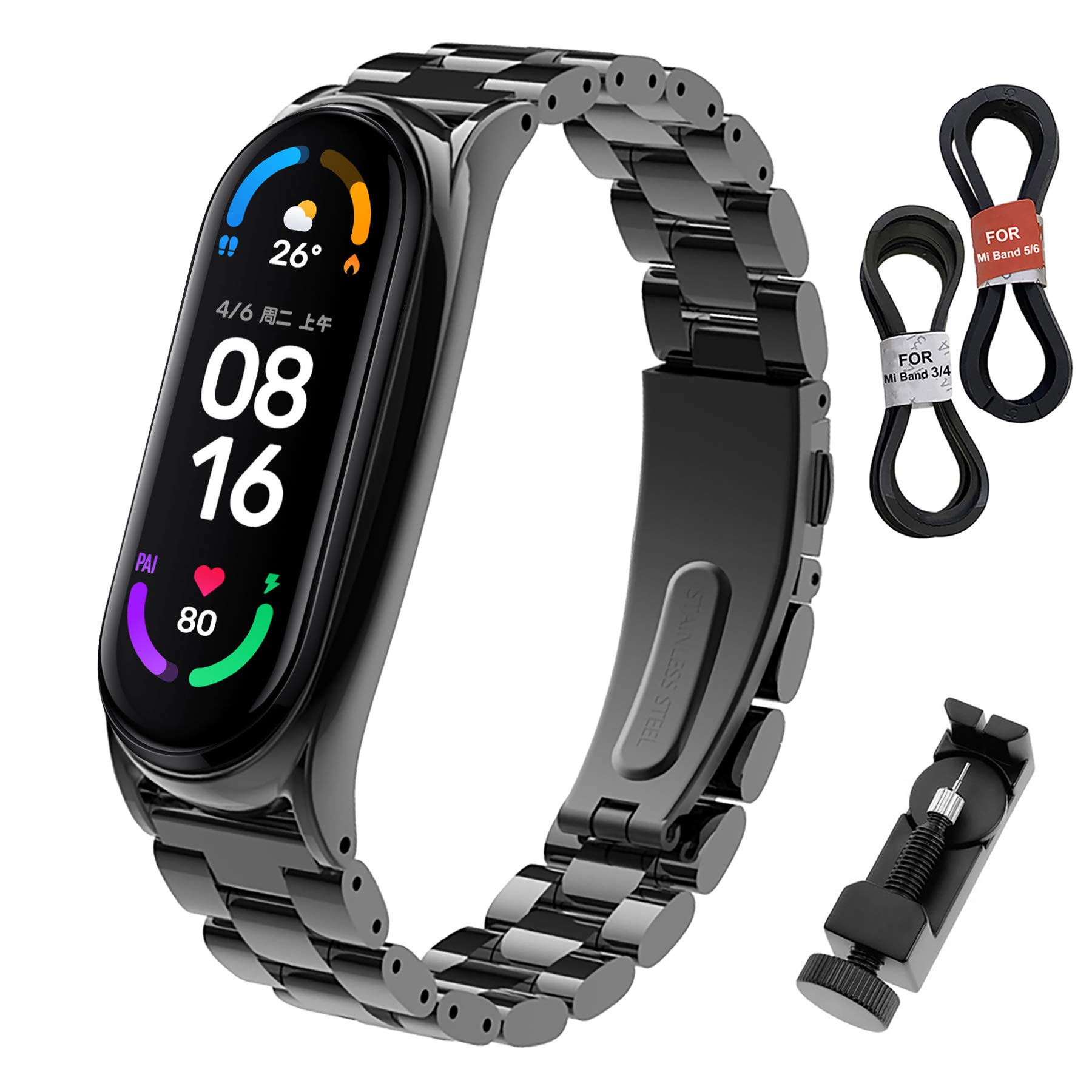 BDIG Compatible for Xiaomi Mi Band 6 Bracelet, Metal MiBand 5 Strap Waterproof Stainless Steel Wrist Strap Accessory Watch Strap for Xiaomi Mi Smart Band 3/4/5/6