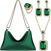 Locmeo 4 Pcs Evening Clutch Shoulder Purse Rhinestone Purse Handlebag Cubic Pendant Necklace Earring Ring for Women Evening(Emerald)