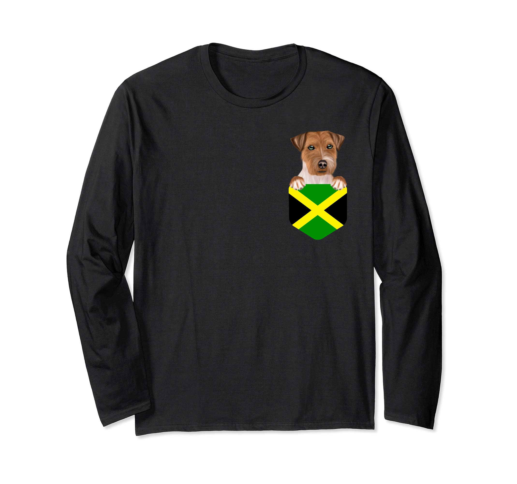 Jamaica Flag Russell Terrier Dog In Pocket Long Sleeve T-Shirt