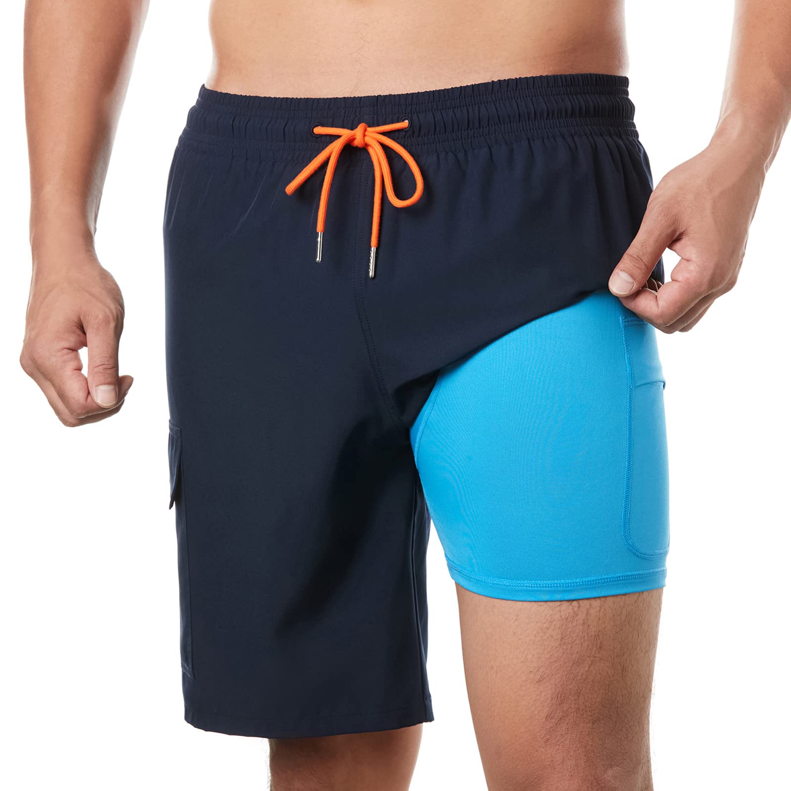 Photo 1 of *medium fitted* BRISIRA Mens Swim Trunks Bathing Suit 9 Inch Inseam Compression Liner Beach Long Board Shorts Swimsuit Anti-Chafe Quick Dry Navy