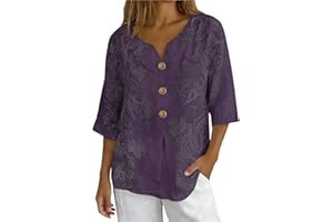 Women's Cotton Linen Shirts 3/4 Sleeve Summer Blouses V Neck Floral Boho Tops Loose Fit Tunics Beach Vacation Tshirts