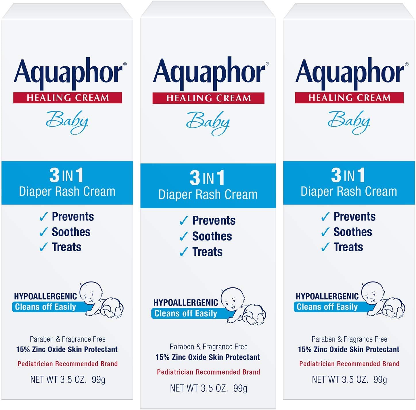 Aquaphor Baby 3 in 1 Diaper Rash Cream - Prevents, Soothes and Treats Diaper Rash, 3.5 oz. Tube, 2 Pack