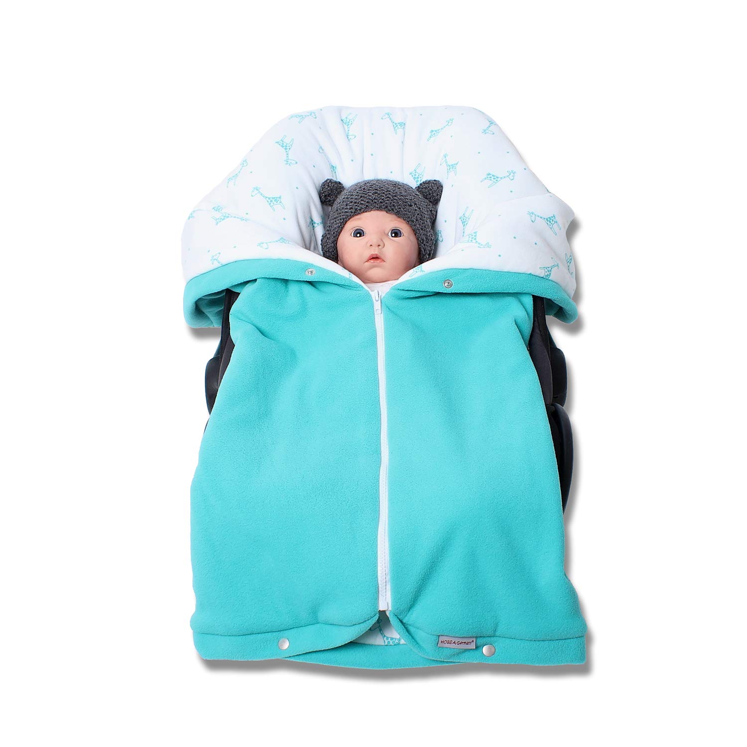 Autositzdecke, Babyschalendecke, Baby Fußsack, Kindersitzdecke, Buggy Decke von HOBEA-Germany im Design: türkis mit Giraffen