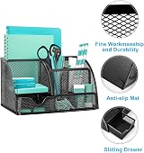 OKPOW Mesh Desk Organiser 6 Compartments 1 Drawer Black Office Stationery Tidy view 4