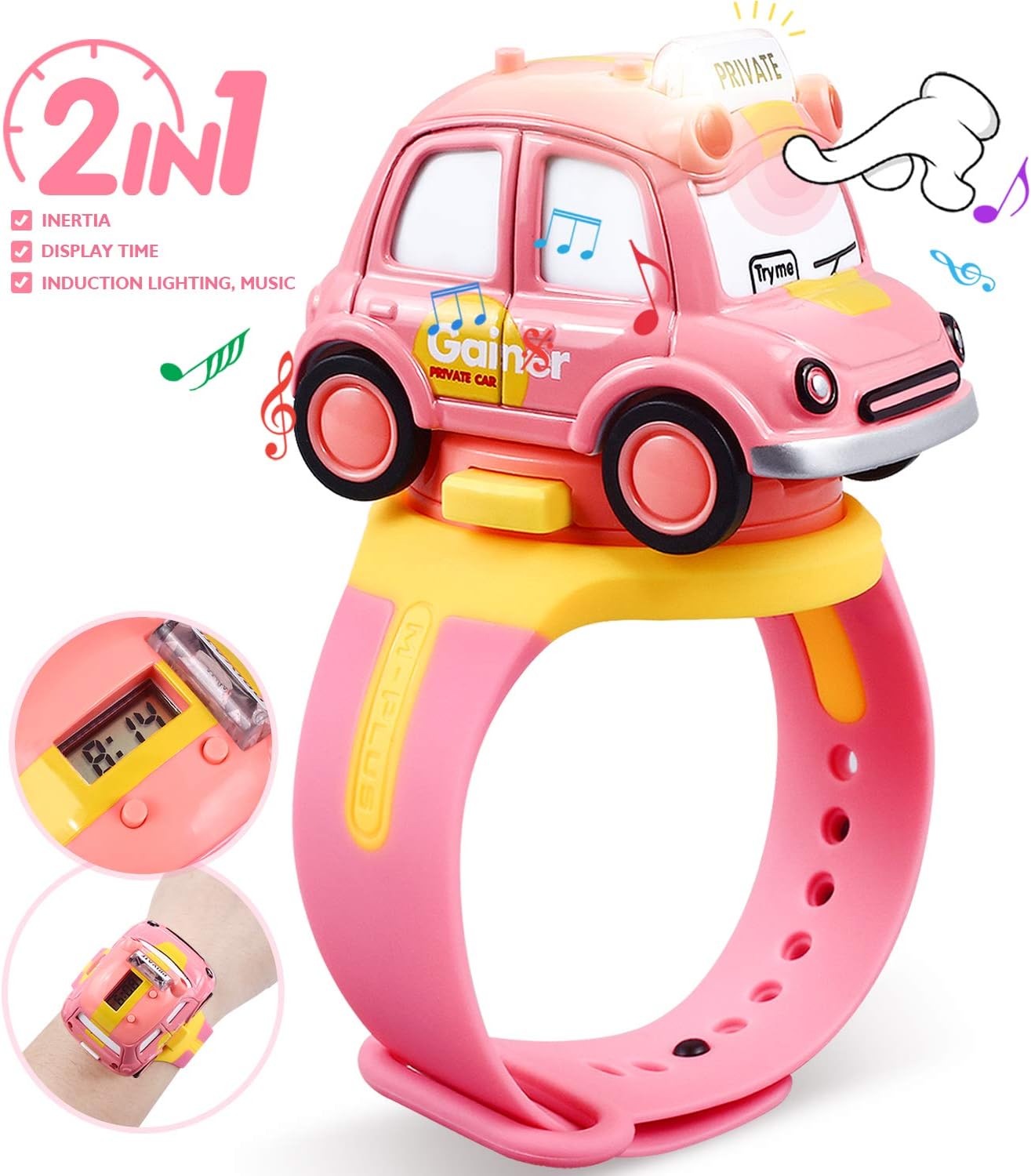 Peradix Kids Car Watch Toys, Multi-function Watch And LED Lighting And Sound Effects Car 2 in 1 For Boys Girls Children Xmas Gift(Pink)
