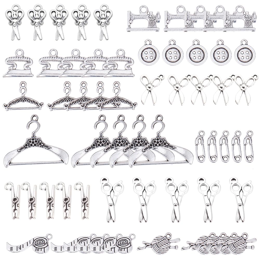 SUNNYCLUE 1 Box 60pcs 12 Styles Sewing Knitting Charms Alloy Charms Pendants Scissor Pipe Safety Pin Yarn Clew Button Sewing Machine Charms, Cadmium Free & Nickel Free & Lead Free. Antique Silver