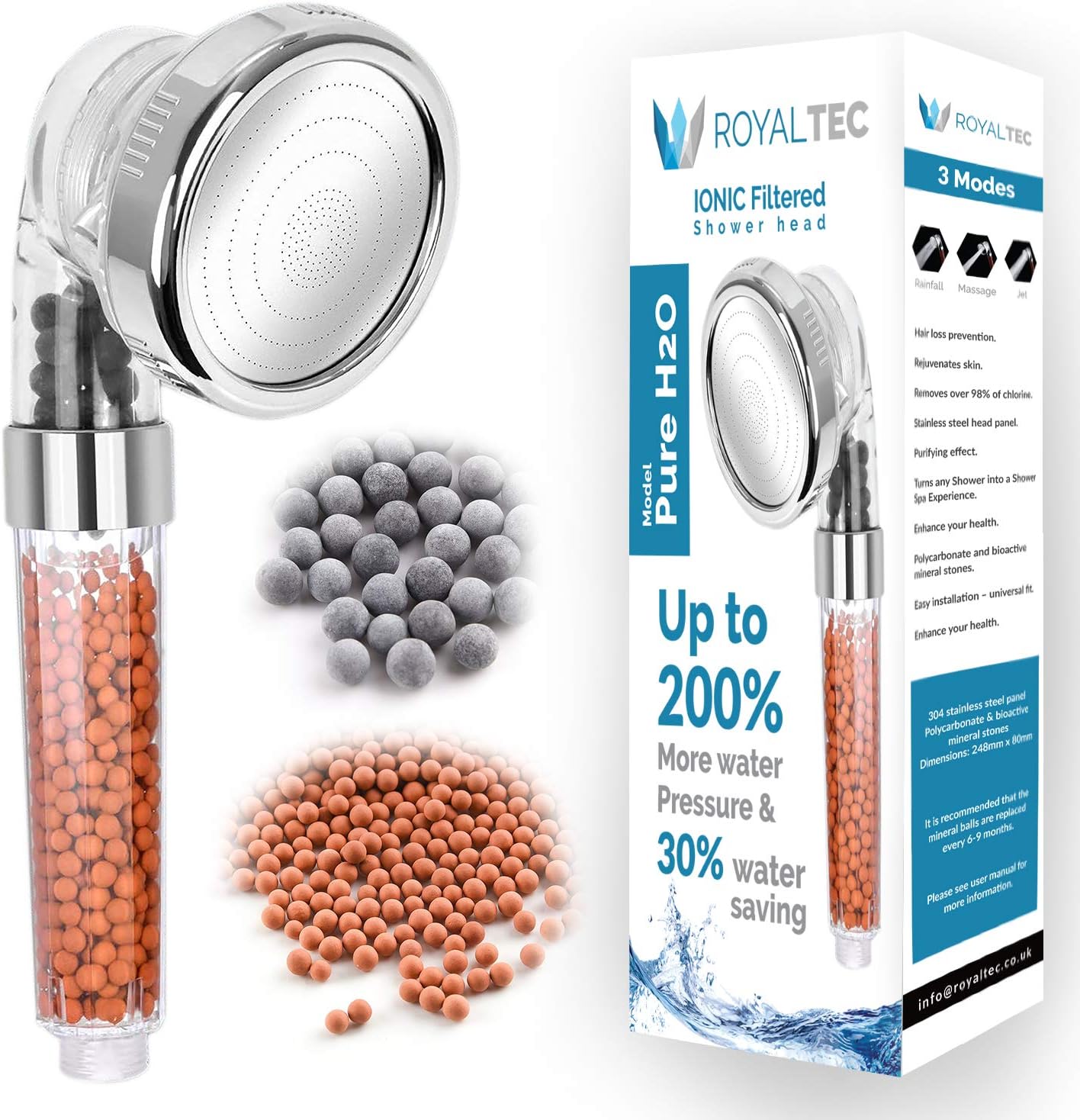 ROYALTEC Ionic Shower Head, High Pressure, Water Saving, Filtered Shower Head with 3 Spray Modes, Hard Water Filter
