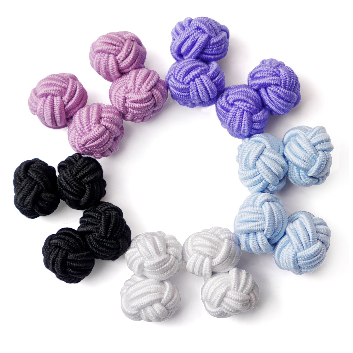 HONEY BEAR 5 Pairs Mens/Women Silk Fabric Knot Twisted Cufflinks Set, for Shirt/Dress Business Wedding,Round Shape with Box (Black Blue Purple with box)