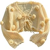 MakeMeChic Women's 3D Floral Crochet Cardigan Tie Front V Neck Long Sleeve Crop Outerwear