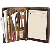 Ringsun Leather Portfolio Organizer with Zipper for Men Women, Leather Padfolio Business Resume Legal Pad Portfolio Notebook Binder for A4/Pad, Brown
