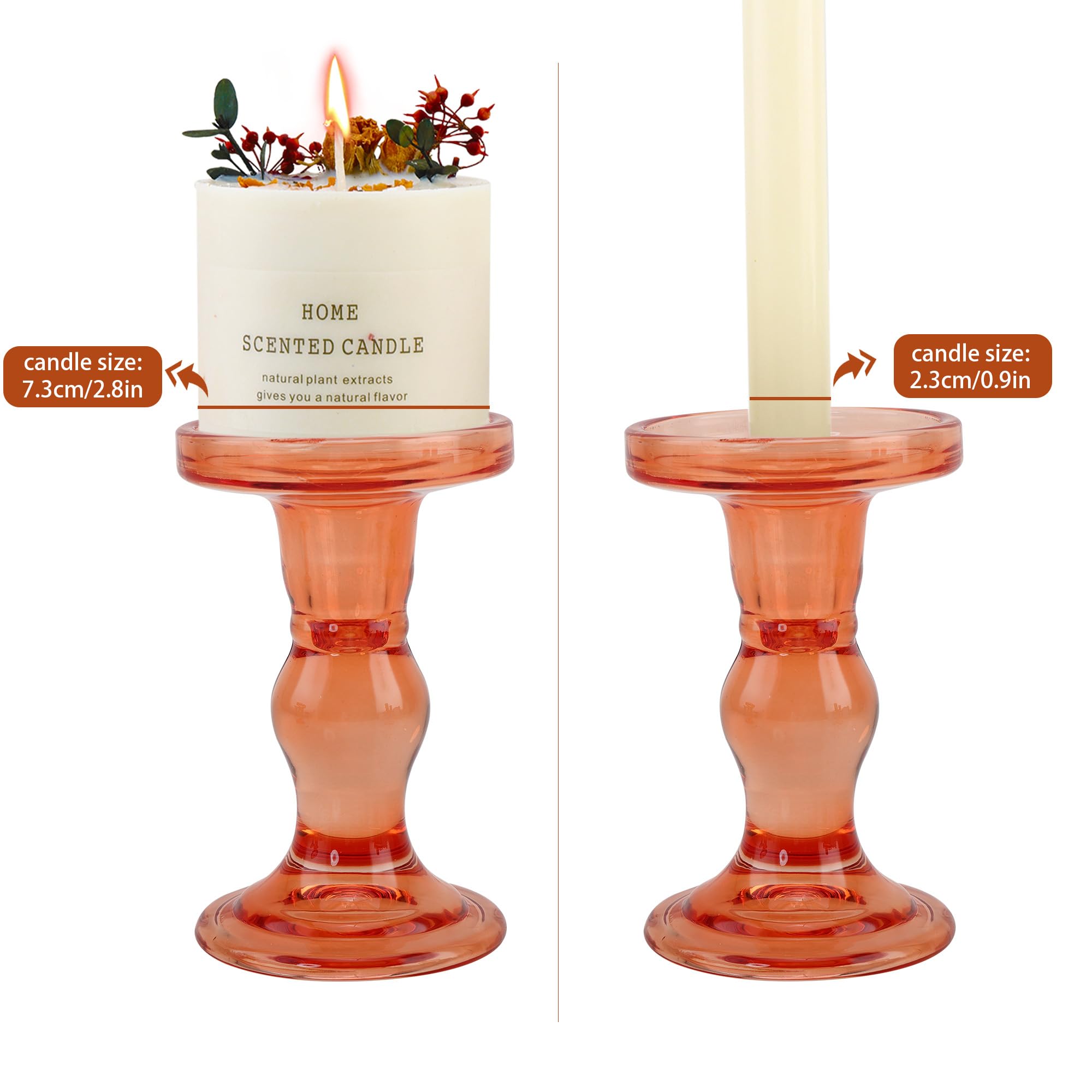 Orange Glass Candle Holder Set, QENUIITEA Set of 3 Clear Candlesticks Holders Pillar Taper Candles Tea Light Stand for Centerpieces Church Wedding Party Home Decor Dining Table