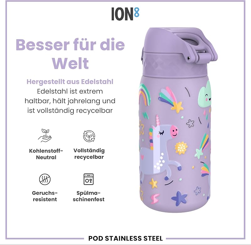 Kinder Trinkflasche Edelstahl Leicht 400ml Nicht Isoliert Auslaufsicher Einhandöffnung Sichere Verriegelung Spülmaschinenfest Klappdeckel Leicht zu Reinigen, Violett Einhorn