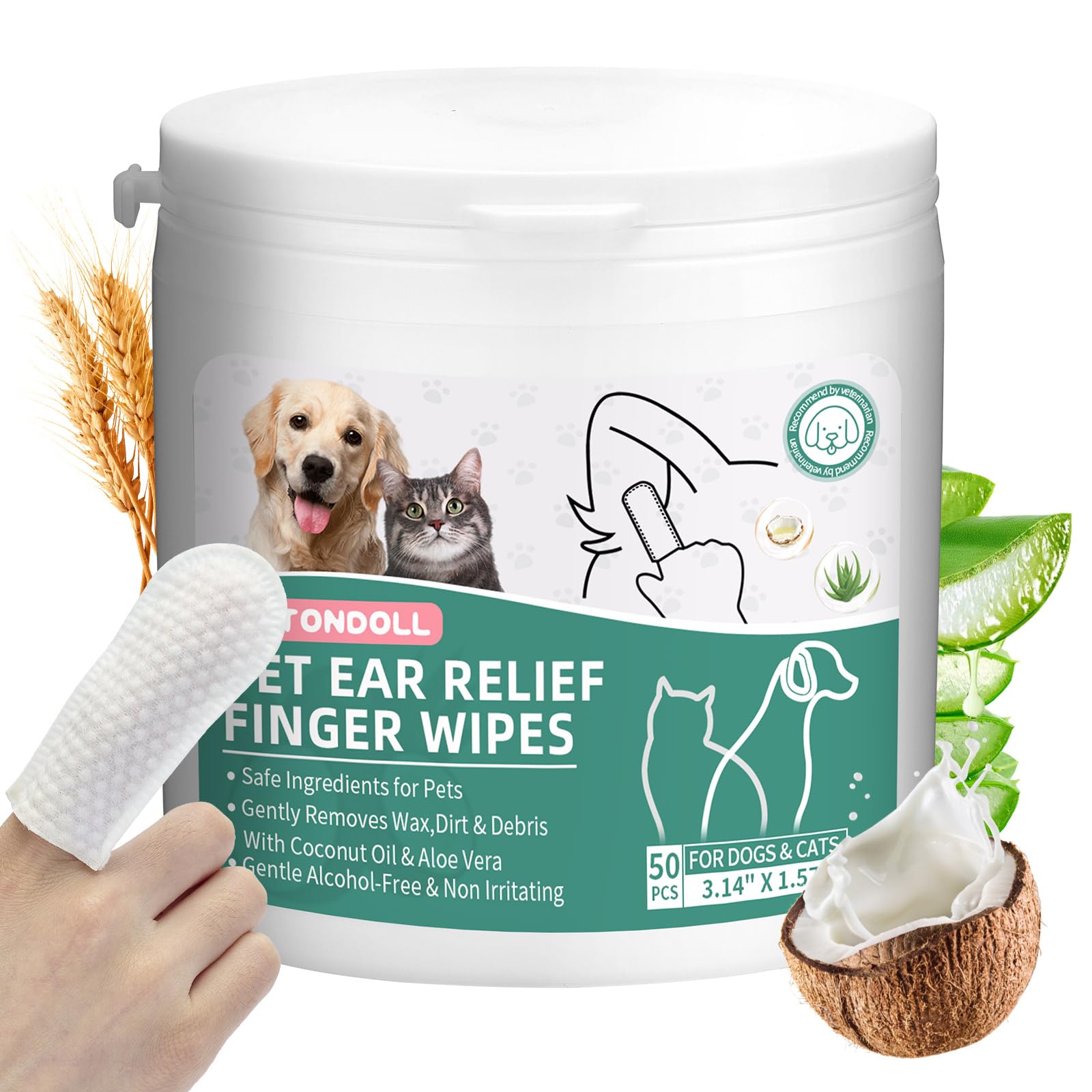 Photo 1 of **EXP:08/13/2026** Ear Finger Wipes for Dogs & Cats, Thicker Dog Ear Cat Ear Wipes, Natural Relief Cat Ear Cleaner Dog, Effectively Remove Ear Wax for Dog Kitten Rabbit, Fresh Aloe Scent Deodorizing, 50 Counts