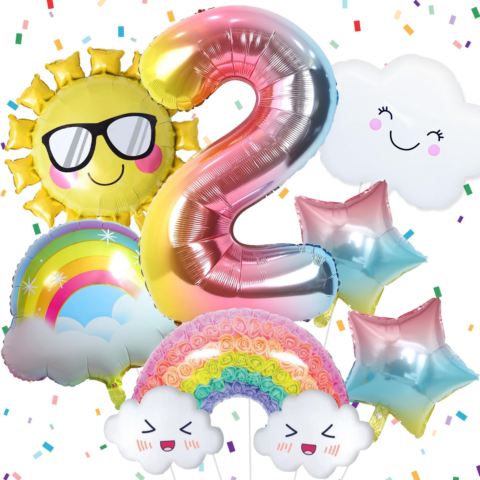 Rainbow Balloons 2nd Birthday Decorations For Girls, Rainbow Birthday Balloons Set 2 Year Old Decorations with Sun Stars Number 2 Balloon for Girls 2nd Birthday Party Decor Supplies