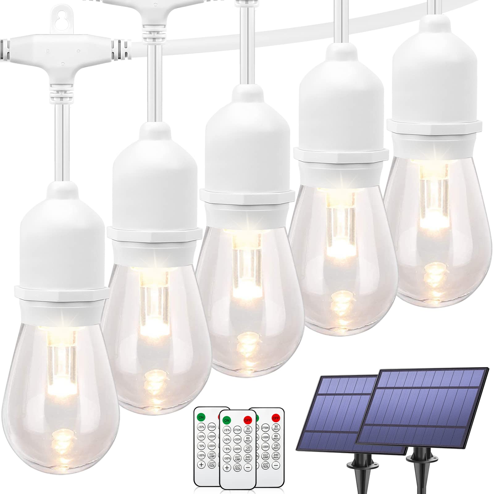 Photo 1 of Mlambert 96FT(2x48FT) 3-Color in 1 Dimmable Solar String Lights Outdoor, Remote Patio String Lights with 30+5 LED Bulbs for Pergola Outside-White Cord