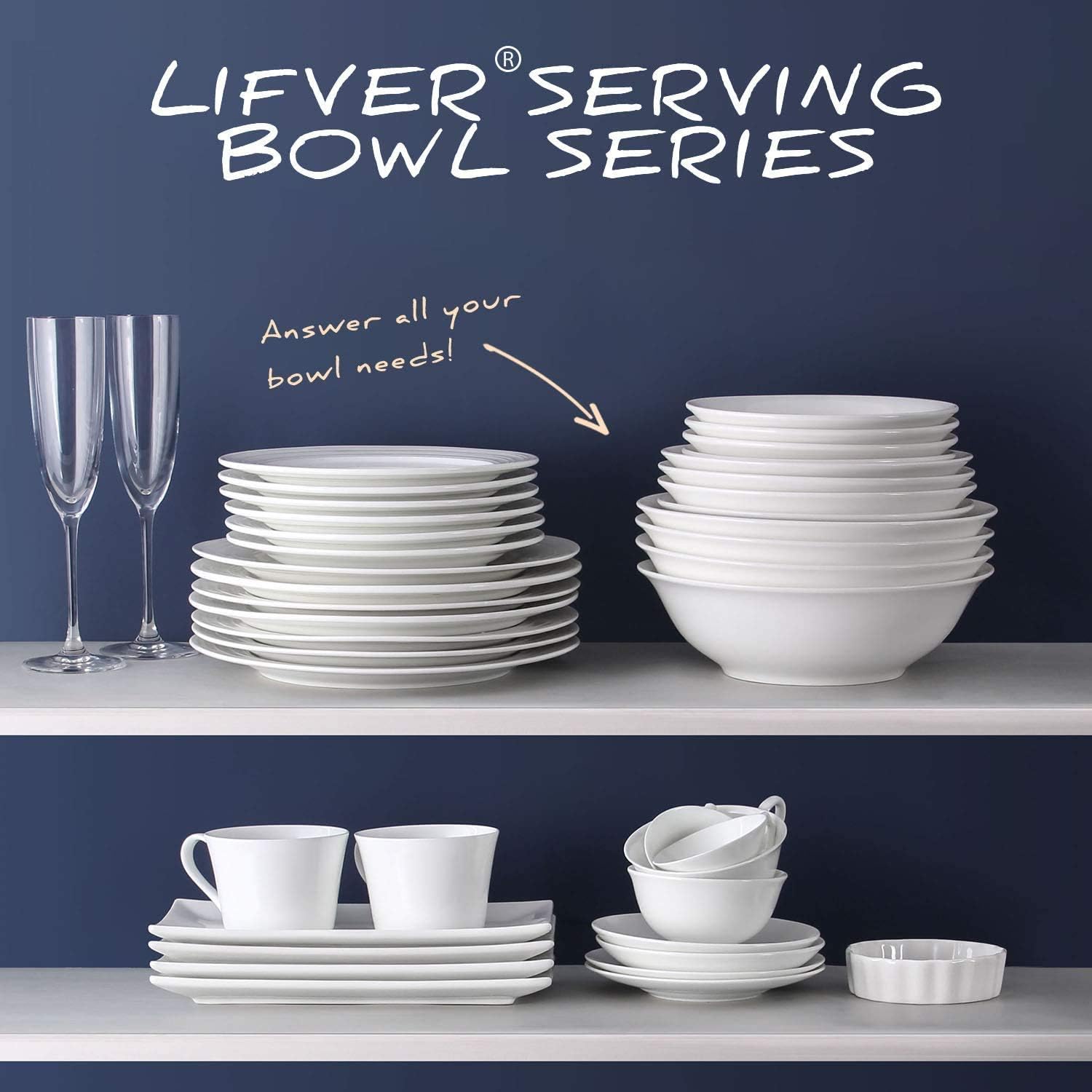  | LIFVER 48 Ounce Serving Bowls, Large Bowl Sets of 4, Porcelain Cereal Bowls for Soup, Salad, and Cereal, White: Soup Bowls