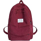 Van Caro Corduroy School Backpack Large College Backpack Casual Bookbag Laptop Backpack Computer Bag Travel Daypack for Girls Boys Teens,Wine Red(no Pendant)