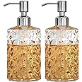 GLADPURE Soap Dispenser - 2 Pack, 12 Oz Clear Diamond Design Glass Refillable Hand Soap Dispensers; with 304 Rust Proof Stainless Steel Pump, Lotion Dispensers for Kitchen, Bathroom