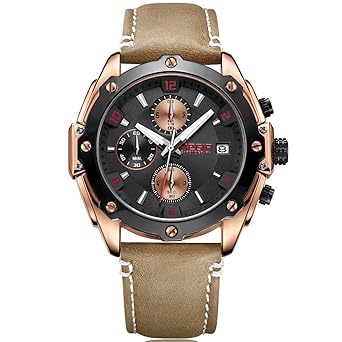 MEGIR Mens Chronograph Quartz Watches Casual Leather Strap Blue Wristwatch for Man - Rose