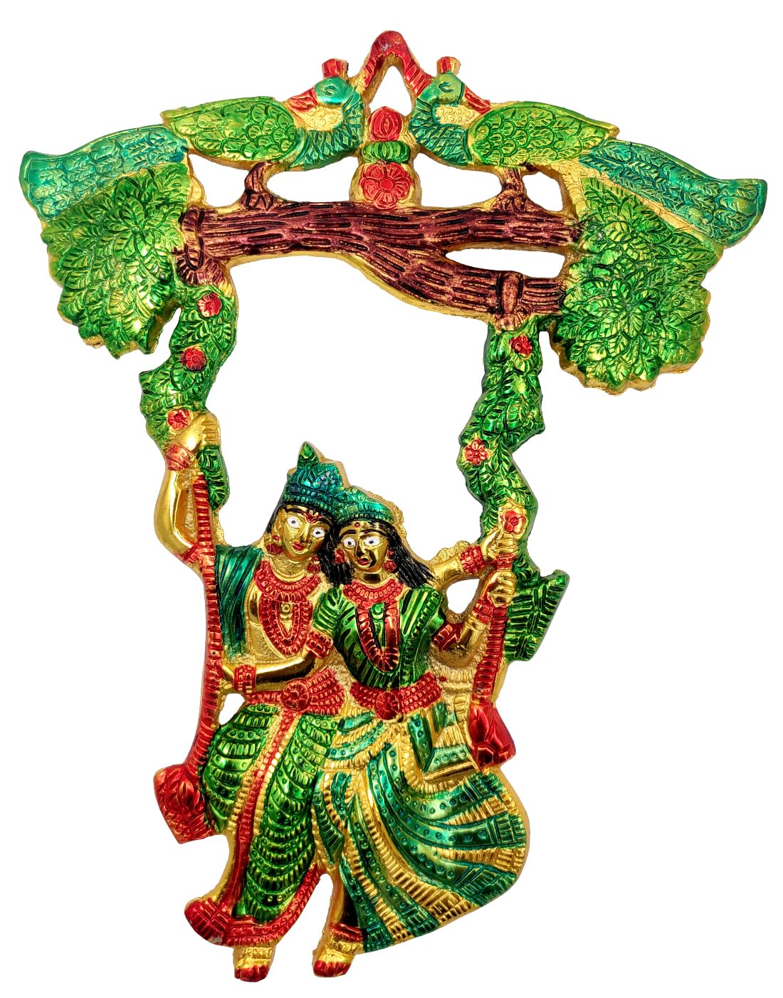 Purpledip Metal Wall Hanging Radha Krishna On Swing: Colorful Plaque For Home Temple (12185)
