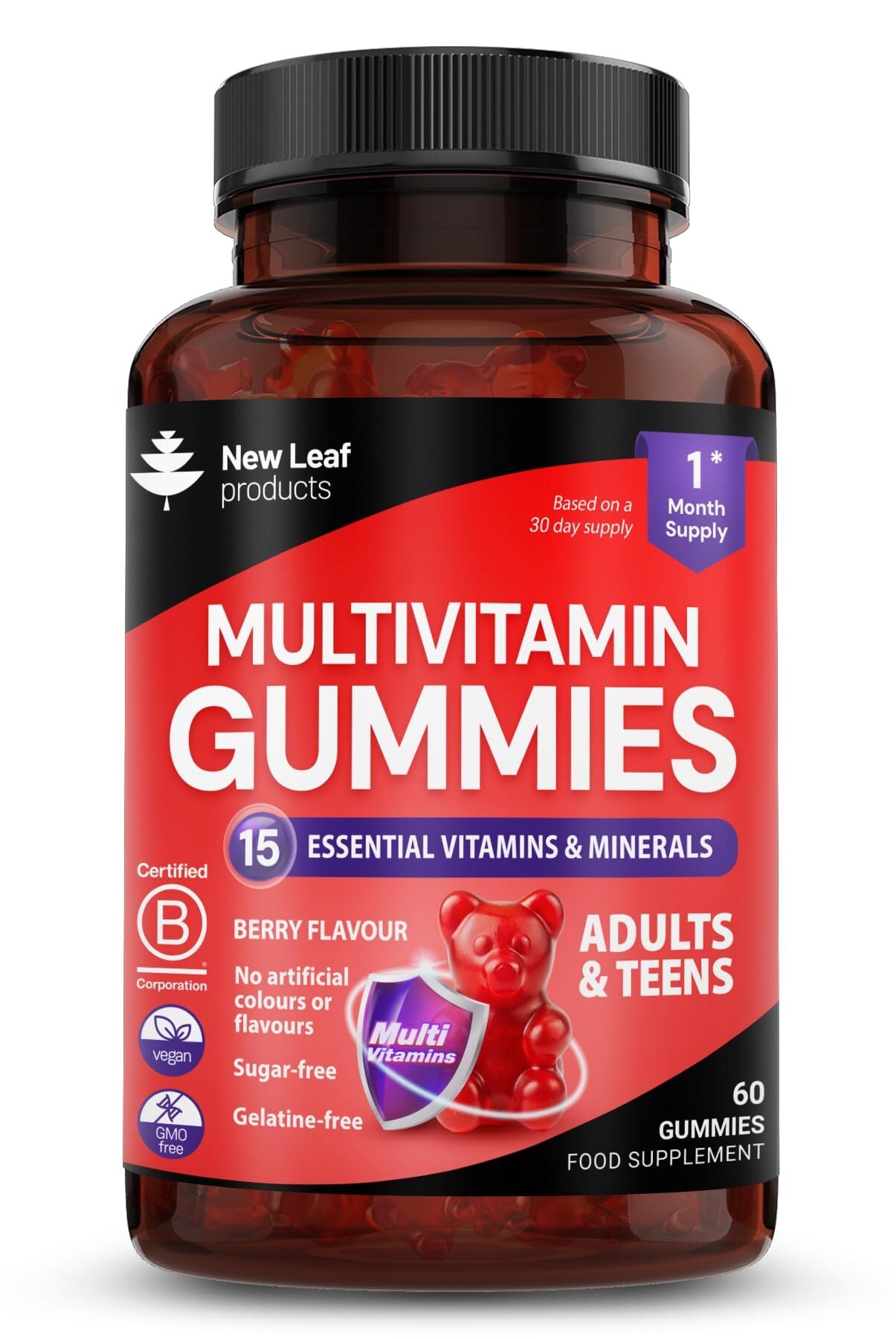 Chewable Vegan Multivitamin Gummies - Non Sugar Coated, Gluten Free, Non-GMO Multivitamins for Men and Woman - Fortified with Vitamins C A D E B Biotin, Folate, & Zinc