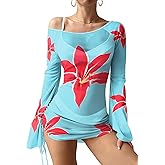 ALIREVERIE Women's Summer 2026 Off Shoulder Drawstring Ruched Side Mesh Swimsuit Cover Up Bell Sleeve Beach Vacation Swimwear