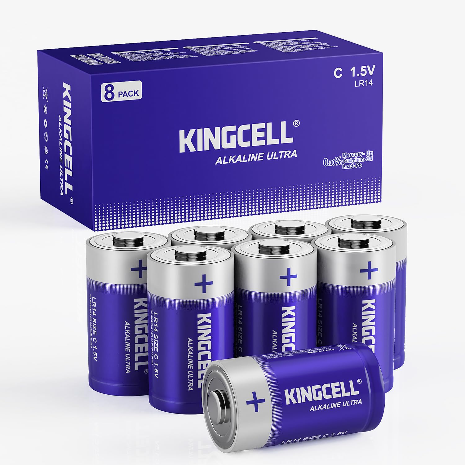 KINGCELL C Batteries 8 Pack, Alkaline Hight Performance C Battery with 10-Year Shelf Life，Long-Lasting Power 1.5V C Cell Battery for Flashlights,Remotes,Clocks,Stereos,etc.