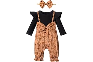 Queenstyle Newborn Baby Girl Clothes Romper Long Sleeve Ruffle Jumpsuit Cute Infant Girl Fall Winter Outfits with Headband