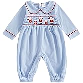 xkwyshop Newborn Baby Boy Girl Christmas Outfit Santa Smocked Romper Peter Pan Collar Long Sleeve Corduroy Jumpsuit Clothes