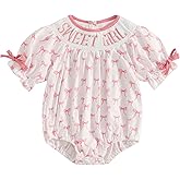 Ursobutegl Newborn Baby Girl Romper Mamas Mini Bow Plaid Print Puff Sleeve Smocked Bubble Romper Jumpsuit Bodysuit Clothes