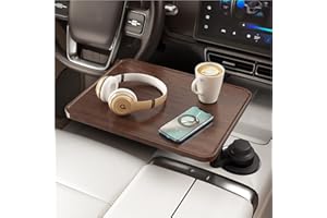 AXVLU Car Desk for Laptop, Cup Holder Table with 360° Rotation - Wooden Car Laptop Mount, Car Table & Car Food Tray Compatible with Tesla Model Y/3/S & Most Vehicles