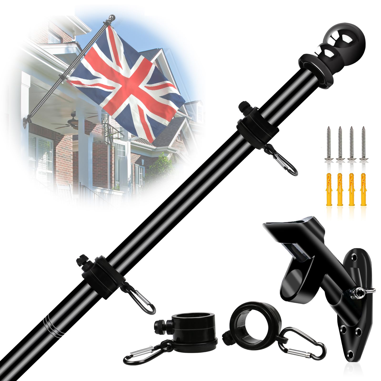 NQ 5FT (1.5M) Flag Pole for Garden with Flag Pole Holder, Stainless Steel Flag Pole Kit for House, Flag Pole for Outdoor, Wall Mounted Flag Pole (Black)