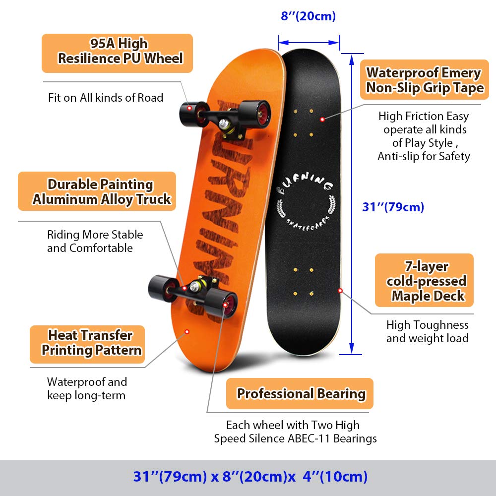 Easy_Way Complete Skateboards- Standard Skateboards for Beginners Kids Boys Girls Teenager- 31''x 8''Canadian Maple Cruiser Pro Skate Board, Skateboards