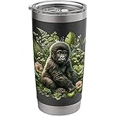 Baby Gorilla In Nature Green Floral Jungle Leaf Background Stainless Steel Insulated Tumbler