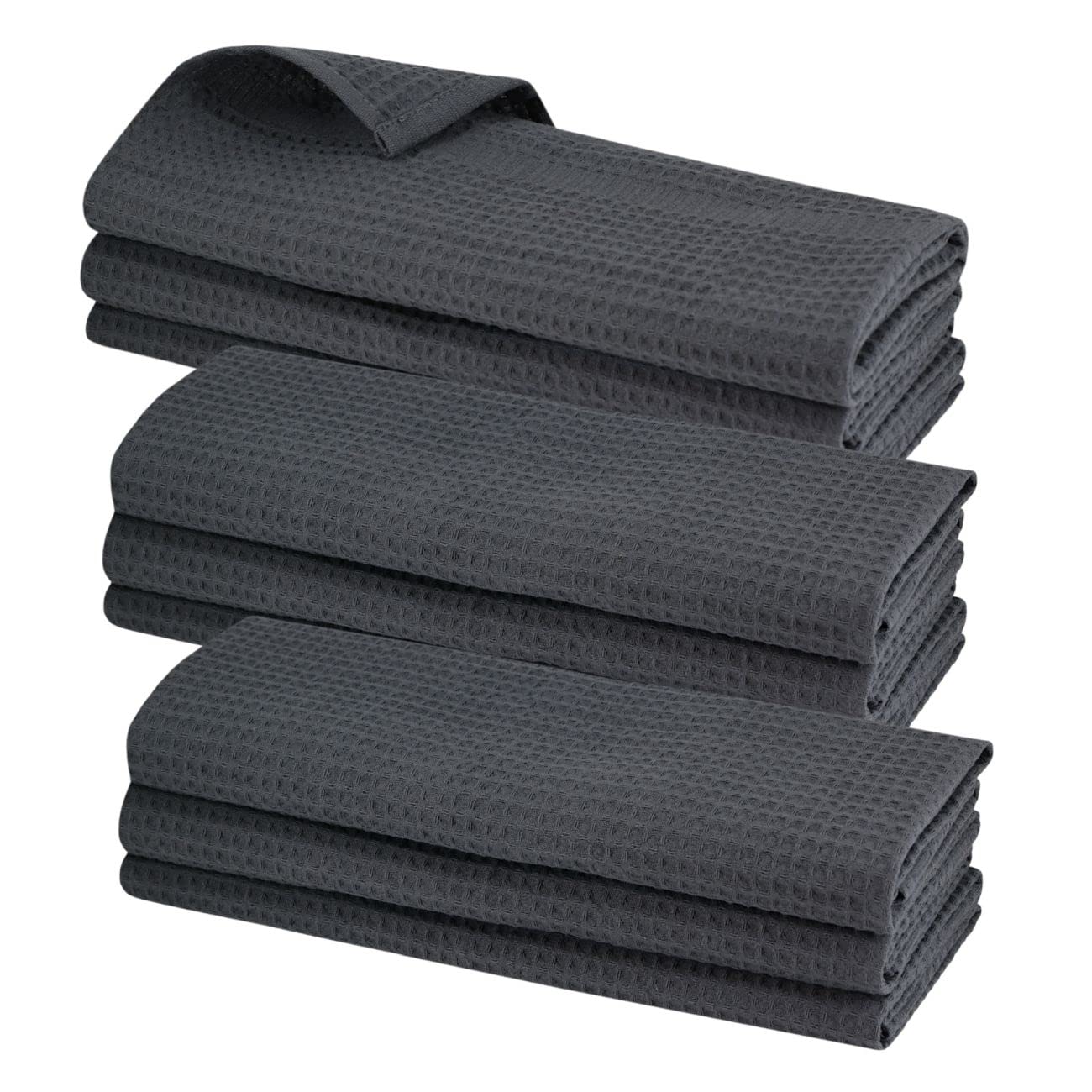 9 x Tea Towel made of 100 % Cotton, Waffle Pique in anthracite dark grey.