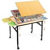 Solid Wood Puzzle Table with Drawers, Height Adjustable &amp; Tilting | No assembly required, folding with wheels, protective cover, ergonomic for adults, fits 1500pcs puzzles