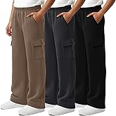 LessonZoo 3 Pack Boys' Sweatpants Wide Leg Baggy Cargo Pants with 4 Pockets Kids Elastic Waist Straight Loose Joggers