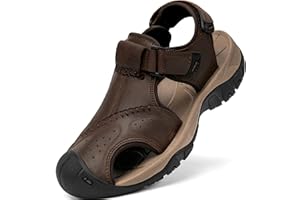 Boveshorn Men's Sport Sandals Closed Toe Leather Hiking Athletic Walking Outdoor Beach Trail River Fishing Water Shoes Lightweight Comfortable Waterproof