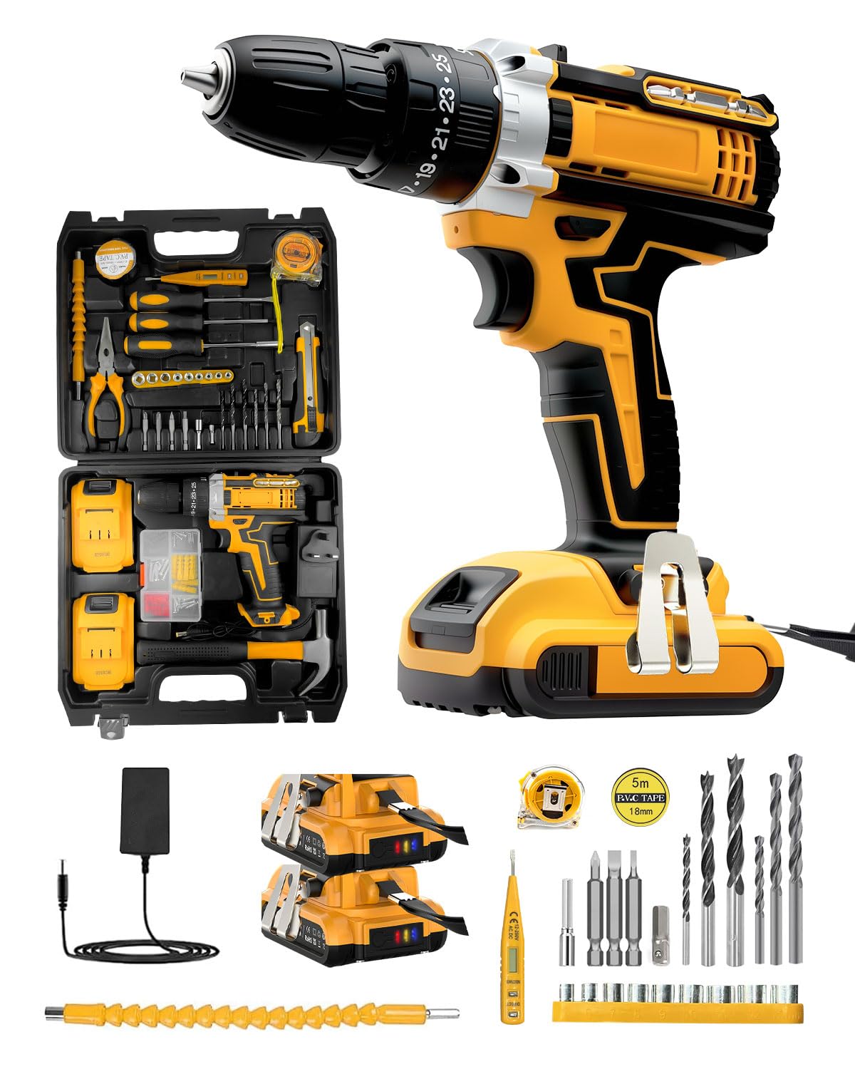KALAHOL Cordless Drill Set 21V, 99PCS Electric Screwdriver Set with 2 Batteries 2000mAh, 25+3 Torque Cordless Hammer Drill, 42N.m Max, 2 Speed, LED Work Light for Home and Garden DIY Project